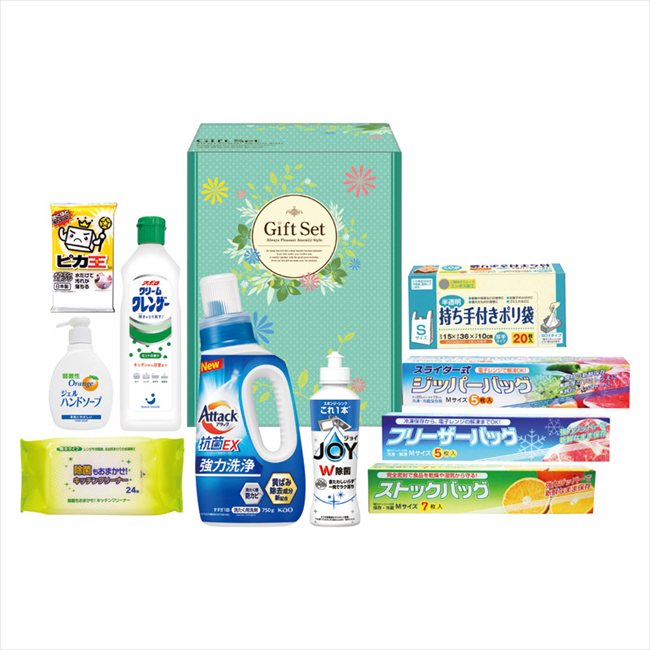 ■商品紹介：花王アタック抗菌EXを中心とした毎日の暮らしに活躍するバラエティ洗剤セット ■商品内容：花王アタック抗菌EX（750g）・P&G除菌ジョイコンパクト（170ml）・持ち手付きポリ袋S20枚・除菌キッチンクリーナー24枚・ストックバッグM7枚・フリーザーバッグM5枚・ジッパーバッグM5枚・オレンジジェルハンドソープ（200ml）・クリームクレンザー（400g）（ベトナム）・ピカ王ミニ×各1 ■パッケージサイズ：16.5×18.5×28.5cm ■賞味期限（ある場合）： メーカー希望小売価格はメーカーカタログに基づいて掲載しています ■さまざまなギフトアイテムをご用意しております。 内祝　内祝い　お祝い返し　ウェディングギフト　ブライダルギフト　引き出物　引出物　結婚引き出物　結婚引出物　結婚内祝い　出産内祝い 命名内祝い　入園内祝い　入学内祝い　卒園内祝い　卒業内祝い　就職内祝い　新築内祝い　引越し内祝い　快気内祝い　開店内祝い　二次会 披露宴　お祝い　御祝　結婚式　結婚祝い　出産祝い　初節句　七五三　入園祝い　入学祝い　卒園祝い　卒業祝い　成人式　就職祝い　昇進祝い 新築祝い　上棟祝い　引っ越し祝い　引越し祝い　開店祝い　退職祝い　快気祝い　全快祝い　初老祝い　還暦祝い　古稀祝い　喜寿祝い　傘寿祝い 米寿祝い　卒寿祝い　白寿祝い　長寿祝い　金婚式　銀婚式　ダイヤモンド婚式　結婚記念日　ギフト　ギフトセット　セット　詰め合わせ　贈答品　お返し お礼　御礼　ごあいさつ　ご挨拶　御挨拶　プレゼント　お見舞い　お見舞御礼　お餞別　引越し　引越しご挨拶　記念日　誕生日　父の日　母の日　敬老の日 記念品　卒業記念品　定年退職記念品　ゴルフコンペ　コンペ景品　景品　賞品　粗品　お香典返し　香典返し　志　満中陰志　弔事　会葬御礼　法要 法要引き出物　法要引出物　法事　法事引き出物　法事引出物　忌明け　四十九日　七七日忌明け志　一周忌　三回忌　回忌法要　偲び草　粗供養　初盆 供物　お供え　お中元　御中元　お歳暮　御歳暮　お年賀　御年賀　残暑見舞い　年始挨拶　ボーリング大会　景品　レミパン　ゼリー　スターバックス 千疋屋　結婚式　そうめん　ローラアシュレイ　プリン　話題　ディズニー　カタログギフト　ティファール　ビタクラフト　ステンレスタンブラー　リラックマ のし無料　メッセージカード無料　ラッピング無料 ギフトにぴったりのアイテムをご紹介！ 贈り物に悩んでいる方へ、心温まるギフトアイテムを取り揃えました。高品質な食品、ふわふわのタオル、美しい食器、そしてセンスあふれる雑貨まで、幅広いラインナップであなたの大切な人への思いを伝えます。 特徴 高品質：厳選された素材と丁寧な製造工程で作られた商品ばかり。どれも長く愛用いただけます。 多用途：どんなシーンでも使える万能アイテムが揃っています。誕生日、結婚祝い、新築祝いなど、さまざまな場面に最適です。 デザイン：シンプルで洗練されたデザインから、カラフルで個性的なものまで、多彩なバリエーションをご用意。 お手頃価格：高品質ながら手ごろな価格で、コストパフォーマンスも抜群。 おすすめの用途とシーン 誕生日プレゼント：大切な人の特別な日を祝うために、実用的かつ心温まるギフトを。食品やタオルは、日常で役立つアイテムとして喜ばれます。 結婚祝い：新しい生活を始めるカップルに、美しい食器やおしゃれな雑貨を。幸せな家庭を築くお手伝いができます。 新築祝い：新しい家に引っ越した友人や家族へ、インテリアにぴったりの雑貨や実用的なタオルを。快適な生活をサポートします。 お返しギフト：感謝の気持ちを込めて、おしゃれで実用的なアイテムを。食品はもちろん、使い心地の良いタオルや美しい食器も喜ばれます。 季節の贈り物：お中元やお歳暮、季節の挨拶として、季節に合ったギフトを。夏には涼しげな雑貨、冬には温かみのあるタオルや食品が最適です。 贈る相手に合わせたおすすめ グルメな方へ：美味しい食品を贈れば、食卓が一層華やかに。特別な時間を演出します。 家庭的な方へ：ふわふわのタオルや使いやすい食器で、日常生活に彩りを。 オシャレな方へ：センスあふれる雑貨で、インテリアを一層魅力的に。 まとめ あなたの気持ちを込めたギフト選びをお手伝いします。どれも心を込めて選んだアイテムばかりです。大切な人への贈り物として、自信を持っておすすめします。 商品概要 [分類] 以下のような商品をお探しの方にオススメです。スイーツ スィーツ スウィーツ Sweets ケーキ お菓子 洋菓子 デザート おやつ 小腹対策 食品 食べ物 / チョコレートケーキ チョコレート ガトーショコラ チーズケーキ 生菓子 生ケーキ ベイクドチーズケーキ [評価・マスコミ] ランキング1位のおすすめ(お勧め オススメ) インスタ映え SNS 評判 今話題の人気商品 [サービス] 以下のサービスをご利用いだだけます。不可の場合あり。お取り寄せ 全国配送 全国発送 オーダー 注文 デリバリー 取寄せ 宅配 ネット通販 持ち運び可 / 送料無料 送料込み 無料ギフト対応 日持ち長い 長期保存 賞味期限が長い 名入れ 当日発送 お急ぎ便 即日配送 即日発送 翌日配送 翌日発送 前日に買う あす楽 明日楽 即納 翌日 あす着 明日届く 配送日指定可 冷凍保存可 冷凍保管 冷凍便 ギフトラッピング ギフト対応 予約 メッセージ付き 有料メッセージカード 有料お誕生日カード ホワイトデー当日お届け可能 [パッケージ] 　 以下のような包装でお届けします。詰め合わせ セット アソート 化粧箱入り ラッピング不要 個包装 小分け 手提げ袋（有償） 2重梱包 [デザイン] 以下のようなイメージをお求めの方におすすめです。お洒落 可愛い ゴージャス 高級感 プレミアム サプライズ感 美しい インパクト 面白い 珍しい 希少 驚き シンプル 上品 スタイリッシュ エレガント モダン [ご用途] 工夫次第で様々な用途でご利用いただけます。贈り物 プレゼント ギフト プチギフト 贈答品 お祝い 御祝い 退職祝い 内祝い 出産祝い 出産内祝い 入学祝い 卒業祝い ご褒美 手土産 お土産 お使い物 お返し お礼 ご挨拶 ご進物 お配り 配る ばらまき バレンタインデー バレンタインデイ ヴァレンタイン 友チョコ 義理チョコ 本命チョコ 逆チョコ バレンタインチョコ ホワイトデー ホワイトデイ ホワイトデーのお返し 七五三 ひな祭り こどもの日 ハロウィン クリスマス お中元 お年賀 ウインターギフト 御中元 御歳暮 サマーギフト 残暑見舞い お歳暮 母の日 父の日 敬老の日 敬老会記念品 敬老会 結婚祝い 結婚内祝い 結婚記念日 結婚式二次会 二次会のプチギフト 結婚披露宴の引き出物 引き菓子 ウエディングパーティー 成人祝い 長寿祝い 還暦祝い 古希祝い 古稀祝い 喜寿祝い 傘寿祝い 米寿祝い 卒寿祝い 白寿祝い 紀寿祝い 百寿祝い 成人式 セレモニー イベント 内祝い 快気祝い 快気内祝い 出産内祝い 出産祝い 記念日 お返し ご進物 御使い物 お礼 ご挨拶 御礼 ご祝儀 祝儀の品 お使い物 ノベルティー 粗品 景品 長寿 法事 法要 仏事 年忌法事 志 粗供養 供養返し 香典返し 満中陰志 御供え お供え 御供物 弔事 七五三 ひな祭り 入学祝い 卒業祝い 卒園祝い 退職祝い 入社祝い 成人式 成人式のお祝い 朝食 食事代わり ティータイム ブレイクタイム ホームパーティー クリスマスケーキ 誕生日プレゼント 誕生祝い バースデーケーキ 学校 会社 職場 法人 取引先 部活 イベント サークル 介護施設 [おすすめの方] 以下のような様々なお客様にお喜びいただいております。10代 20代 30代 40代 50代 60代 70代 80代 90代 100歳以上 お母さん お父さん ママ パパ 兄弟姉妹 彼氏 彼女 恋人 義理の母 叔父さん 親戚の お嬢さん 大家族 家族 赤ちゃん 祖父 祖母 叔父 叔母 孫 おじいちゃん おばあちゃん じいじ ばあば 夫 旦那 妻 奥様 お嫁さん 奥さん 親 両親 娘 同僚 友達 仲間 友人 親友 上司 部下 先輩 後輩 お世話になった方 恩師 先生 大人数 女友達 法人 女性 男性 大人 子ども 子供用 小学生 中学生 高校生 男の子 女の子 辛党 甘党 甘いものが苦手 高齢者 お年寄り [その他おすすめ] 以下のような商品に興味のある方にもオススメです。大量 大量購入 財布に優しい 大人数 業務用 大量スイーツ お試し コスパ良い /とっておきのギフトを贈る。ギフト専門店のおすすめ商品です花王アタック抗菌EXを中心とした毎日の暮らしに活躍するバラエティ洗剤セット