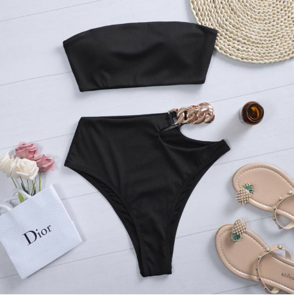 即納 水着 ビキニ レディース 大人 女性 ホワイト ブラック チェーン水着 2点セット ハイウェスト 無地 バンドゥ・ビキニ チューブトップ オープンサイドパンツ エレガント セクシー セレブ ビーチ 海 プール 夏 SUMMER S M L 20代 30代 40代　即納水着