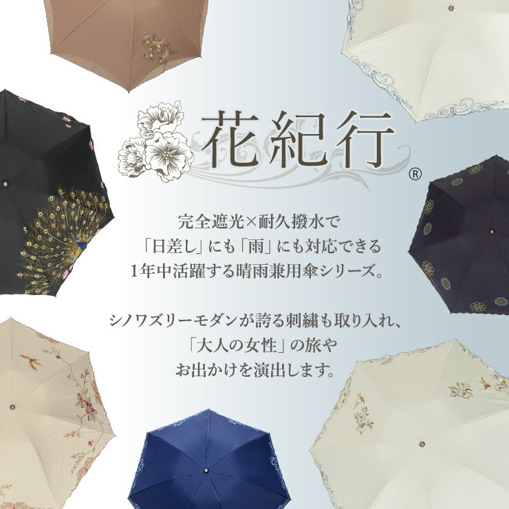 日傘 UVカット 折りたたみ傘 傘 晴雨兼用 完全遮光 送料無料 花紀行「花鳥刺繍ミニ折りたたみ日傘」 遮光率100% 1級遮光 遮熱 晴雨兼用 刺繍 涼しい 花 フラワー ハチドリ 軽量 ギフト 母の日