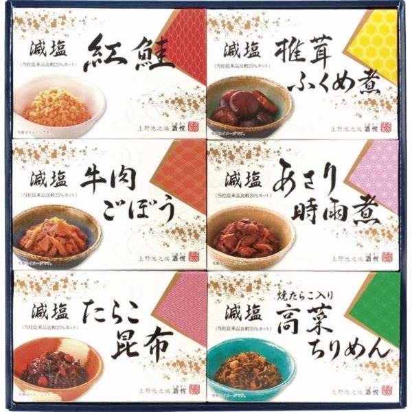 美味しさをそのままに、当社従来品より塩分を25％カットした佃煮・惣菜の詰合せです▽商品名酒悦 減塩佃煮・惣菜詰合せ・セット内容(1セット)減塩牛肉ごぼう(65g)・減塩紅鮭・減塩椎茸ふくめ煮・減塩あさり時雨煮・減塩たらこ昆布・減塩焼たらこ入り高菜ちりめん(各60g)×各1▽賞味期間常温1年▽アレルゲン表示小麦▽箱サイズ/重さ31×31×2.5cm/0.6kg▽メーカー/ブランド酒悦※内容・デザインなど変更になる場合があります。※送料無料（但し沖縄・一部地域除く）※のし対応・ラッピング対応・メッセージカード無料・配送日指定※お買い物マラソン ワンダフルデー 0のつく日 5のつく日 楽天市場の日 育児の日 ナコレ ブラックフライデーポイント2倍 ポイント5倍 ポイント10倍 などのキャンペーンは楽天会員様のみ有効となりますのでご了承ください。※のし・包装のご希望は備考欄へ。(のし「出産祝い等」名入れ「山内」)ギフト対応メーカー希望小売価格はメーカーカタログに基づいて掲載しています【熨斗（のし）の書き方】≪慶事≫>■蝶結び---------------何度繰り返してもよいお祝い事に使用します。例：出産内祝い（出産祝いのお返し）/出産祝い/お中元/お歳暮/お祝い/新築祝いのお返し/入学祝い/入園祝い/就職祝い/成人祝い/初節句▽表書き無し（慶事結婚以外） 御祝（結婚以外） 御出産祝 御入学祝 御就職祝 御新築祝 御昇進祝 御昇格祝 御誕生日祝 御礼（結婚以外） 内祝（結婚祝い 快気祝い以外） 新築内祝 御中元(お中元) 暑中御伺い 暑中御見舞 残暑御見舞 母の日 父の日 敬老の日 祝成人 成人祝い 粗品 御餞別 寸志 記念品 贈答品 御歳暮(お歳暮) 御年賀(お年賀) 御土産 拝呈 贈呈 謹謝 ■結びきり10本----------一度きりであってほしい場合に使用します。（婚礼関連のみに使用）例：引き出物/名披露目/結婚内祝い（結婚祝いのお返し）/結婚祝い▽表書き無し（結婚） 御祝（結婚） 御結婚御祝 寿 壽 御礼（結婚） 内祝（結婚）■結びきり--------------一度きりであってほしい場合に使用します。例：快気祝い（病気見舞い） 快気内祝い（病気見舞いのお返し）▽御見舞（快気） 快気祝 快気内祝≪弔事≫■黒白結び切り（ハス柄）----弔事に使用します。※その他ギフト関連キーワード命名 赤ちゃん ノベルティー 景品 写真 かわいい カワイイ かっこいい カッコイイ 美味しい おいしい 参加賞 サンクスギフト ウェルカムギフト クリスマスプレゼント バレンタイン バレンタインデーギフト スイーツ ホワイトデーギフト テレワーク リモートワーク ステイホーム 冬ギフト 夏ギフト お彼岸 御彼岸 自粛見舞 感謝 送品 引出物 通学 通勤 料理 幼稚園 小学校 中学校 高校 会社 企業 法人 安い お茶菓子▽お届け対応地域一覧北海道 本州 東北地方 青森県 岩手県 宮城県 秋田県 山形県 福島県 関東地方 茨城県 栃木県 群馬県 埼玉県 千葉県 東京都 神奈川県 中部地方 新潟県 富山県 石川県 福井県 山梨県 長野県 岐阜県 静岡県 愛知県 近畿地方 三重県 滋賀県 京都府 大阪府 兵庫県 奈良県 和歌山県 中国地方 鳥取県 島根県 岡山県 広島県 山口県 四国 四国地方 徳島県 香川県 愛媛県 高知県 九州 沖縄 九州 沖縄地方 福岡県 佐賀県 長崎県 熊本県 大分県 宮崎県 鹿児島県 沖縄県 ※一部地域除当店おすすめの注目商品/当店人気No.1商品 モンドセレクション最高金賞受賞 飲む温泉水「観音温泉水」/全国送料無料 RINGBELL(リンベル)カタログギフト/結婚 出産内祝いに 女性に人気のパスタギフトセット/贈り物に悩んだらこれスターバックスコーヒーギフト/出産祝いにkaloo(カルー)その他ベビー キッズマタニティグッズも充実/空間に素敵なエッセンス インテリア 収納 雑貨おしゃれな家具▽所在地静岡県沼津市上香貫三貫地1244▽決済方法クレジットカード決済 楽天バンク決済 銀行振込み 代金引換(代引き) セブンイレブン決済 ローソン決済 NP後払い auかんたん決済 Edy決済