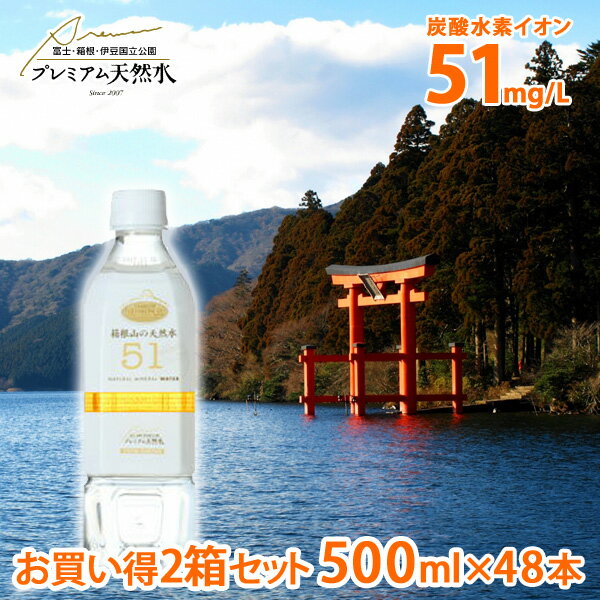 箱根山の天然水51 極上プレミアム天然水 ペットボトル 500ml×48本(ミネラルウォーター 飲む温泉水 炭酸水素イオン 防災グッズ 災害対策 地震対策 非常時対策 避難生活 飲む温泉水 非常用 国内天然水 日本製 ウイルス対策 備蓄用 ストック)