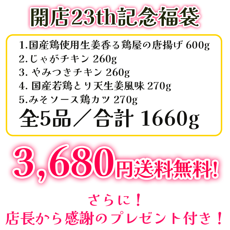 【23周年記念福袋】福袋 全5品 送料無料 総重量1660g！冷凍 おかず 弁当 おすすめ 人気 福袋 お得 安い 総菜セット　（セット内容：生姜香る唐揚げ・じゃがチキン・やみつきチキン・とり天・みそソース鶏カツ） 3