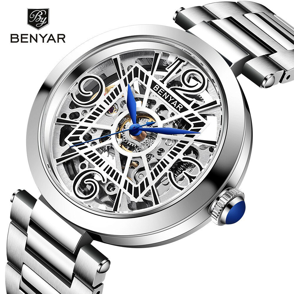 商品詳細 仕様 【商品スペック】 ■ブランド：BENYAR（ベンヤー） ■型番：BY- ■モデル： ■カラー：各種 ■ケース厚：mm ■ケース径：mm（リューズ除く） ■重量：1g ■バンド長：mm ■バンド幅：mm ■ムーブメント：日本製MIYOTA自動巻きムーブメント ■バンド素材：ステンレススチール ■防水性能　：10ATM ■ガラス ：ハードレックス（高強度ミネラルガラス） ■パワーリザーブ：約40時間 【付属品】 ■腕時計本体 ■オリジナルBOX ■ギャランティーカード ■オリジナルタグ ■取扱説明書 ■専用クリーナー コメント ＜強度と審美性に優れるベゼル＞ 独創的なデザイン性と高い耐久性を兼ね備えたステンレス(セラミック)ベゼル。 ステンレス(セラミック)ベゼルは耐傷性に優れており、紫外線に強く、経年劣化などによる変色も防ぎます。 ステンレス(セラミック)ベゼルは、高い防水性能と強度を誇り日常生活や仕事の上の時間を計測する上でもスマートに使うことができます。 ＜高精度ムーブメント＞ シースルーバックのケースにコストパフォーマンスと精度を両立した高精度自動巻きムーブメントをドッキング。 日本製ムーブメントによる信頼性と正確さを実現。日差±35〜45秒 パワーリザーブは約40時間と自動巻き(手巻き機能付き)の駆動方式により普段身につけることにより継続的に使用が可能です。 ※搭載するムーブメントはモデルによって異なります ＜夜光インデックス＞ 腕時計の視認性に欠かせない夜光・蓄光機能。 蓄光塗料により夜間でも発光し視認性を確保しています。 暗いところでも文字盤を明るく発光し、常に時刻を簡単に確認が可能。 ＜ハードレックス（高強度ミネラルガラス）＞ 風防にはハードレックス（高強度ミネラルガラス）を使用。 低価格ながらも十分な強度を確保しサファイアガラスとミネラルガラスの中間の性質を持つとされ、傷つきにくさとコストのバランスが取れた素材として評価されています。 SEIKO(セイコー)をはじめ、一部の高級腕時計などにも使用されており、強靭な硬度を誇り、あなたの腕時計を外傷から守ります。 ＜316L ステンレススチール＞ 高級腕時計にも使用される316Lステンレススチール。 耐傷性や耐錆性止に強く水場でも問題なく使用が可能。 ベルトには光沢としなやかさがあるジュビリーブレスを採用。 ＜100m防水性能＞ ねじ込み式リューズや浸水性の高いシールを使用することで10気圧(100m)防水を実現。 スポーツ&アウトドア、マリンスポーツなど海でも使用可能。 注意事項 モニターの発色により実際と異なる場合があります。 断りなく仕様変更が行われる場合があります。 写真はイメージです。
