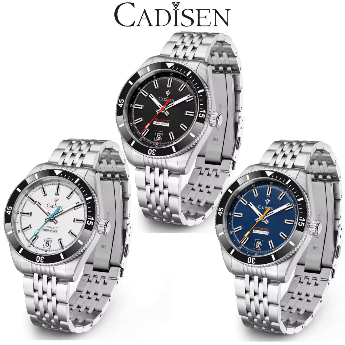 商品詳細 仕様 【商品スペック】 ■ブランド：CADISEN（カディセン） ■型番：CC8237 ■モデル：- ■カラー：各種 ■ケース厚：12mm ■ケース径：40mm（リューズ除く） ■重量：150g ■バンド長：210mm ■バンド幅：20mm ■ムーブメント：SEIKO NH35 日本製自動巻きムーブメント ■バンド素材：ステンレススチール ■防水性能　：10ATM ■ガラス ：サファイアガラス ■パワーリザーブ：約40時間 【付属品】 ■腕時計本体 ■オリジナルBOX ■ギャランティーカード ■オリジナルタグ ■取扱説明書 ■専用クリーナー コメント ＜セラミックベゼル＞ 独創的なデザイン性と高い耐久性を兼ね備えたフローテッドベゼル。 セラミックベゼルは耐傷性に優れており、紫外線に強く、経年劣化などによる変色も防ぎます。 セラミックベゼルは、高い防水性能と強度を誇り日常生活や仕事の上の時間を計測する上でもスマートに使うことができます。 ＜日本製ムーブメント＞ シースルーバックのケースにSEIKO製NH35ムーブメントまたはシチズン系MIYOTA自動巻きムーブメントをドッキング。 日本製ムーブメントによる信頼性と正確さを実現。日差±35〜45秒（SEIKOより） パワーリザーブは約40時間と自動巻き(手巻き機能付き)の駆動方式により普段身につけることにより継続的に使用が可能です。 ※搭載するムーブメントはモデルによって異なります ＜夜光インデックス＞ 腕時計の視認性に欠かせない夜光・蓄光機能。 蓄光塗料により夜間でも発光し視認性を確保しています。 暗いところでも文字盤を明るく発光し、常に時刻を簡単に確認が可能。 ＜サファイアガラス＞ 風防にはサファイアガラスを使用。 ダイヤモンドの次に硬いと言われるサファイアガラス。 高級腕時計などにも使用されており、強靭な硬度を誇り、あなたの腕時計を外傷から守ります。 ＜316L ステンレススチール＞ 高級腕時計にも使用される316Lステンレススチール。 耐傷性や耐錆性止に強く水場でも問題なく使用が可能。 ベルトには光沢としなやかさがあるジュビリーブレスを採用。 ＜100m防水性能＞ ねじ込み式リューズや浸水性の高いシールを使用することで10気圧(100m)防水を実現。 スポーツ&アウトドア、マリンスポーツなど海でも使用可能。 注意事項 モニターの発色により実際と異なる場合があります。 断りなく仕様変更が行われる場合があります。