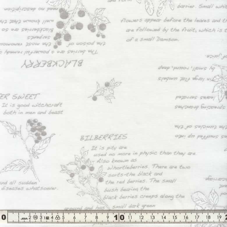 ラッカープリント生地　白地にグレー英字植物辞典柄　【30cmより10cm単位で販売いたします。）