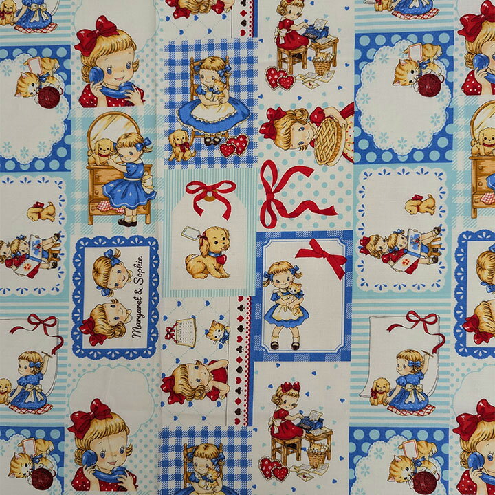 マーガレット＆ソフィーリトルメモリーメッセージ（Margaret&Sophie）M7060-11D ブルー 1mカットキルトゲイト/マーガレット&ソフィー/Dear little World/手芸/パッチワーク/毛糸/ミシン/フラワー/花/ラブリー/かわいい/