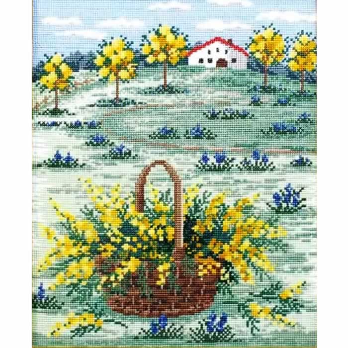 オリムパス 刺繍キット　クロスステッチ　ヨーロッパの風景　四季を巡る旅　ミモザ色のフランスの早春の丘　オノエメグミ
