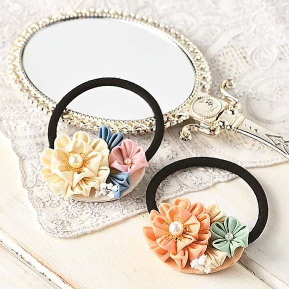 つまみ細工 キット コットン生地で作る普段づかいの ヘアゴムキット2種類（クリーム）