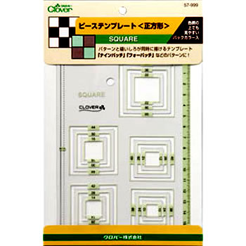 正方形のサイズ数は15種です。 ピースドキルトのお手伝い。お好きなサイズのパターン作れます。 布や紙などの作図をしたいところにピーステンプレートを置いて、必要なパターンサイズをなぞります。 ワンパッチなどの作品作りに パッケージサイズ：155×230×2mmいろいろなサイズのピースを縫いしろと同時に描けるテンプレートです。