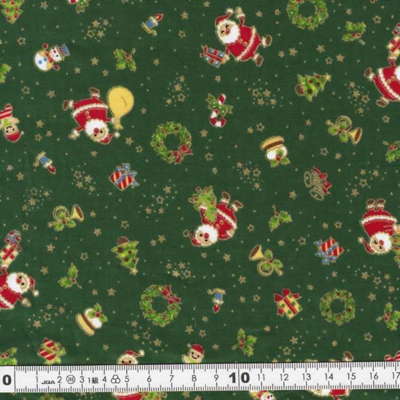 クリスマス生地（布）サンタ リース プレゼント ツリー柄（グリーン）30cmより