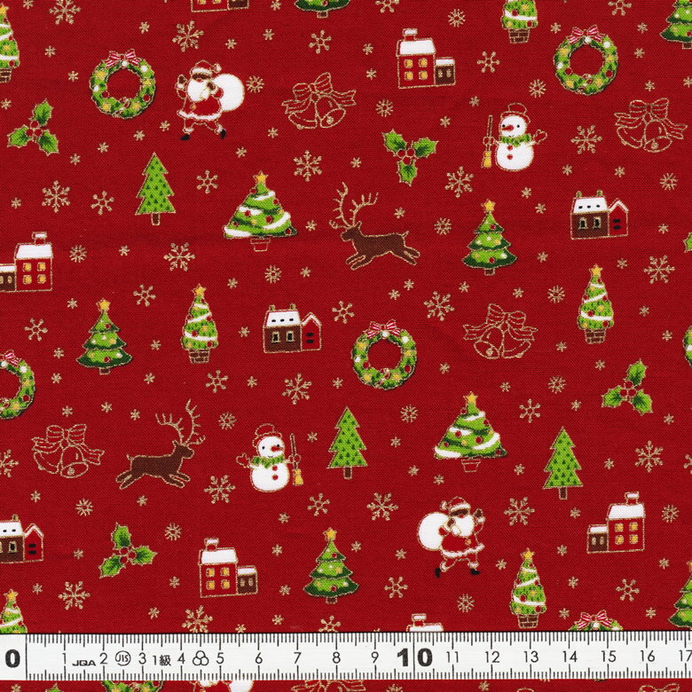 クリスマス生地（布）サンタ　スノーマン　ツリー ベル柄（レッド）30cmより