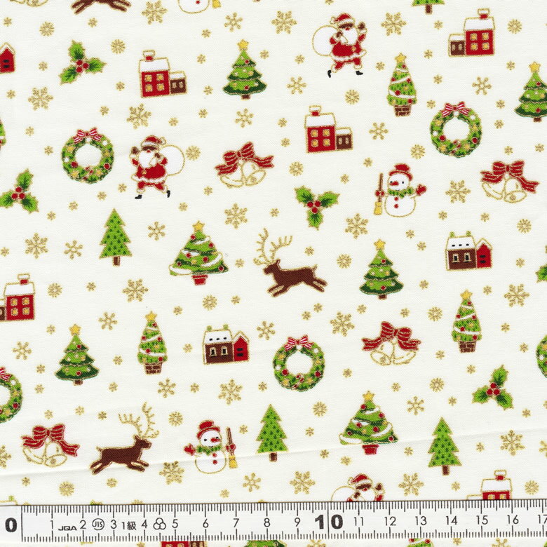 クリスマス生地（布）サンタ　スノーマン　ツリー ベル柄（オフホワイト）30cmより