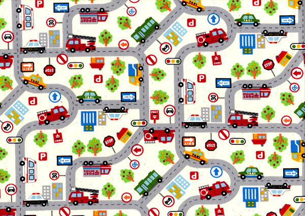 白地。道路の上をタクシー、トラック、バス、救急車、消防車などが走っているプリント。信号機や道路標識、街路樹も描いてあります。綿100％。裏は共布です縦25cm横30cmの柄違い⇒ 同柄ではし袋から持ち手つきお着替えいれなどの袋物 ⇒ 氏名票（名札）が最初から縫い付けてありますので、あとはお子様の名前を書き入れるれるだけ。準備が楽にできます。 たたんだランチョンマットとはし箱が一緒に入れられる便利な人気商品。800円から サイズや柄の違うランチョンマットも用意しました。 3Lサイズ 縦35cm×横50cm　1400円から⇒ 2Lサイズ 縦32cm×横46cm　1200円から⇒ Lサイズ 縦30cm×横40cm　1000円から⇒ Mサイズ 縦26cm×横37cm　800円から⇒ SMサイズ 縦25cm×横30cm　700円から⇒ Sサイズ 縦25cm×横25cm　600円から⇒　