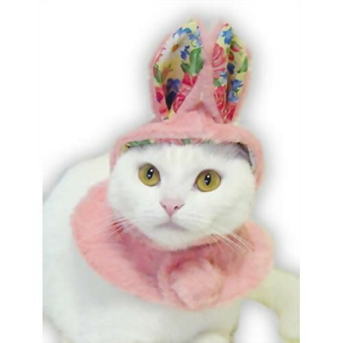 猫用コスプレ衣装です。「ウサギさんのお帽子(ピンク)」は、ピンクのボアと花柄の裏地がかわいい帽子・キャップ(猫用)です。あっという間にうさぎさんに変身しちゃいます。あごの下の面ファスナーで着脱簡単。おしゃれクラスは上級者(首や頭に何をつけて...