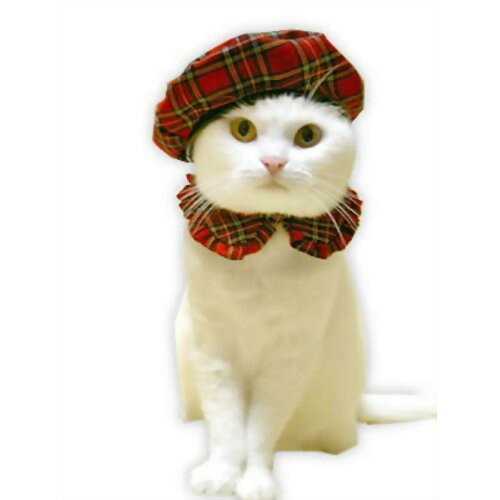 猫用コスプレ衣装です。「アリスちゃんのベレー帽」は、赤いタータンチェック柄が英国スクールガール風の帽子・キャップ(猫用)です。縁に使用した黒革風の素材がとてもやわらかです。横向きにかぶったり前向きにかぶせたりしてオシャレを楽しんでください。おしゃれクラスは上級者(首や頭に何をつけても動じないネコちゃん)向けです。※写真のブラウスは別売りです。使用方法・着ける時は、ネコちゃんの首を締めつけない為に、指が2-3本入る程度が適当です。・マジックテープ使用のものは、首周り23-27cmのサイズが調整できます。・リボン使用のものは首周りに合わせて結んでから、ネコちゃんの鼻先から入れます。はずすときは頭の後ろから前に引いてください。・おしゃれクラス説明(あくまで目安です。商品選びの参考にしてください。)上級者・・・首や頭に何をつけても動じないネコちゃん。中級者・・・首周りは何をつけても大丈夫。帽子や洋服はしかたなく着けるネコちゃん。初心者・・・首輪をつけても平気。でも帽子や洋服はすごく嫌がり怒るネコちゃん。・短時間でもおしゃれができた時は、たくさんほめましょう。原材料タータンチェック生地（ポリエステル65％・レーヨン35％）、くるみボタン、黒レザー風テープ（バイアス）注意事項・モデルの猫ちゃんは商品には含まれておりません。・必ずサイズ等をご確認の上お買い求めください。・こちらの商品は、開封の有無に関わらずお客様都合による返品はお受けできかねます。あらかじめご了承の上お買い求めください。・室内専用です。装着したまま屋外には出さないでください。また、必ずドアや窓を閉めておきましょう。・必ず飼い主の方の目の届く範囲でご使用ください。・首輪をさせられない猫ちゃんには使用出来ません。・首輪ではなく「おしゃれ用品」の為、ご使用は写真撮影等短時間に限定してください。・猫が嫌がったら危険ですので使用を中止してください。・猫の首を洋服で引っ張らないようにお気を付けください。・猫の首を絞め付けすぎないようにお気を付けください。・猫が生地や飾りを「食べない」ようにお気を付けください。・猫専用商品です。他の用途に使用しないでください。・お子様やペットの手の届かない場所に保管ください。