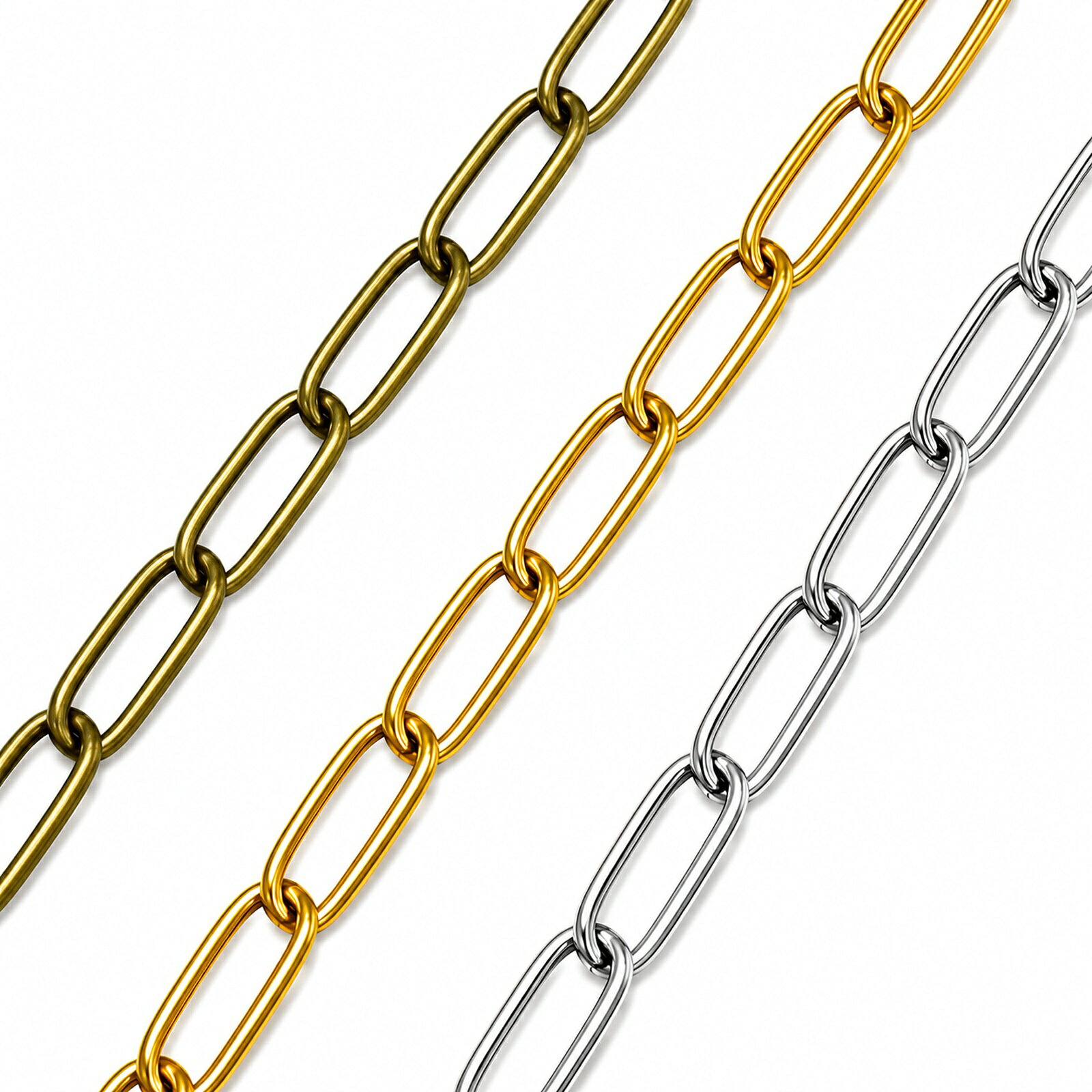 BRASS CHAIN 真鍮 長角チェーン 太めのリンクで存在感。作品の主役になるチェーン。 縦長のリンクがつながった、真鍮製のチェーンです。 太めで存在感があり、これ一本でも様になる「ペーパークリップ」型。 ネックレスやブレスレットの土台に、幅広くお使いいただけます。 　特徴 ● 存在感のある太めリンク　線径2mm・縦20.5mmの長角コマで、主役級の存在感。 ● 真鍮製　適度な重みと質感のある、しっかりした素材です。 ● 選べる全3色　ゴールド／ロジウムカラー／生地（メッキなし）。 ● 1m単位の切り売り　必要な長さだけお求めいただけます。 　カラーは全3色 ゴールド 明るく華やかな金色。存在感のある仕上がりに。 ロジウムカラー クールで上品な銀色。シャープな印象に。 生地（メッキなし） 真鍮そのままの色。使い込むほど味わいが増します。 　サイズ 1コマのサイズ約20.5 × 8.5mm 線径2mm 　1m単位でお届け 必要な分だけ、1m単位でお求めいただけます。 　こんな使い方に ・ネックレス・ブレスレット・アンクレットのチェーンに ・メガネチェーン・マスクチェーン・バッグチェーンに ・チェーンバッグの持ち手や、チャームのつなぎに ・お手持ちアクセサリーのチェーンの付け替え・延長に 　商品仕様 品番B-1051 カラーゴールド／ロジウムカラー／生地（メッキなし） 1コマのサイズ約20.5mm × 8.5mm 線径2mm 素材真鍮 販売単位1m単位（1mごとの切り売り） 　ご購入前のご注意 ・お使いのモニター環境により、実際の色味と異なって見える場合がございます。 ・製造工程上、サイズ・色味に若干の個体差が生じる場合がございます。 ・複数mをご注文の場合も、つながった1本ではなく、1mごとに分かれてのお届けとなる場合があります。 ・真鍮製です。特に生地（メッキなし）は、経年や汗・湿気で変色する場合があります（真鍮本来の風合いです）。 ・必要な長さにカットしてお使いいただけますが、カット部分の処理にはご注意ください。 ・金属アレルギーが心配な方は、ご使用前にご確認ください。 ・小さな部品です。お子様やペットの誤飲にご注意ください。