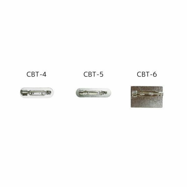 バッジやネームプレート用の金具です。 【サイズ】 　　CBT-4（約25mmx約8mm） 　　CBT-5（約38mmx約10mm） 　　CBT-6（約25mmx約17mm） 【材質】 　　鉄製 【カラー】 　　シルバー色 【個数】 　　1個 　　100個