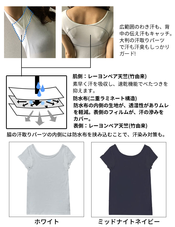 汗取りインナー フレンチTシャツ 速乾機能 吸収速乾 接触冷感 抗菌防臭 高品質トップス 出産祝い ギフト 肌にやさしく デザイン ネイビー ホワイト 天竺 汗取りパッド 肌着 かわいい おしゃれ 敏感肌 インナー 送料込 3