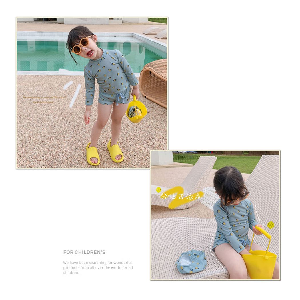 ジュニア用 水着 キャップ付き レモン柄 ラッシュガード3点セット 男の子 女の子 海水浴 プール キッズ ガールズ ボーイズ スイミング 80cm 100cm 90cm 女児 タンクトップ お帽子 水泳 ブルー イエロー レジャー【水着】