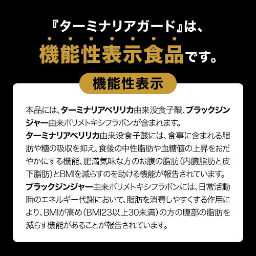 デアウのターミナリアベリリカ ブラックジンジャー サプリメント お腹の脂肪を減らす 脂肪を消費しやすく BMIが高め 食事の脂肪や糖の吸収を抑える 食後血糖値 上昇 緩やかに ターミナリアガード 90粒 1〜3袋 機能性表示食品 [メール便]｜アングル2