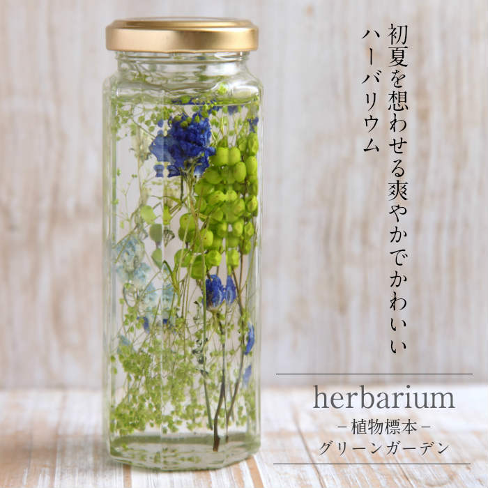 送料無料【herbarium Bottle】ハーバリウムボトル八角ボトル【Medium】フラワーアレンジ＜グリーンガーデン＞−植物標本−