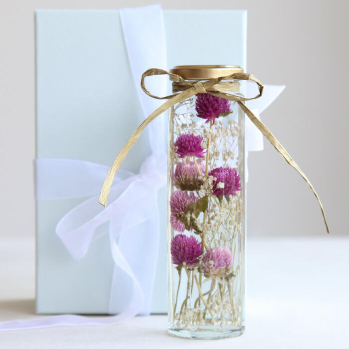 敬老の日ギフト送料無料【herbarium Bottle】リュクスハーバリウムボトルメッセージを込めたお花のギフトハーバリウム【unfading love】＜千日紅パープル＆かすみ草＞−植物標本−シリコンオイル／花言葉／ボックスオーガンジーリボンでお届け