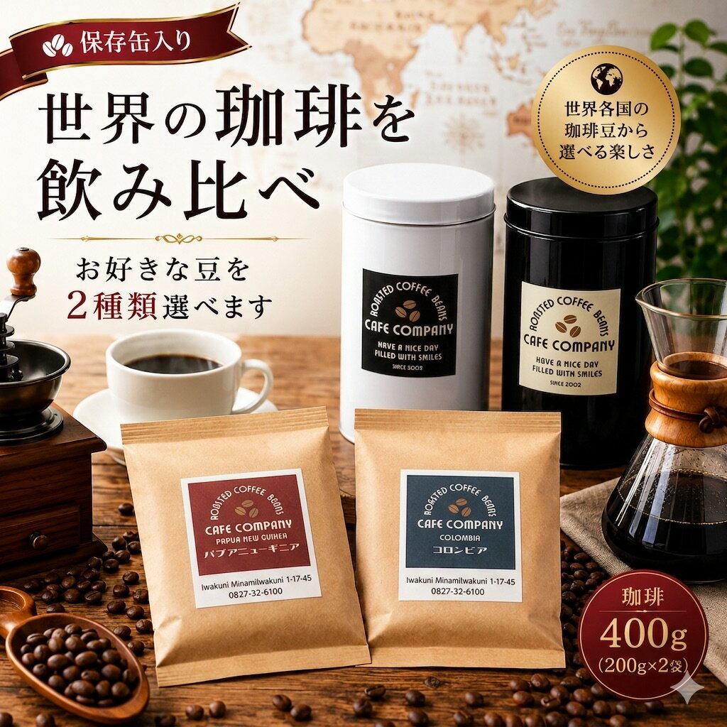 コーヒーギフト 送料無料 保存缶付き 選べる コーヒー豆 400g 2種類 飲み比べ 自家焙煎 キャニスター 珈琲 秋ギフト 敬老の日 プレゼント 贈り物 誕生日 内祝い お礼 お返し 豆のまま 中挽き 粉対応