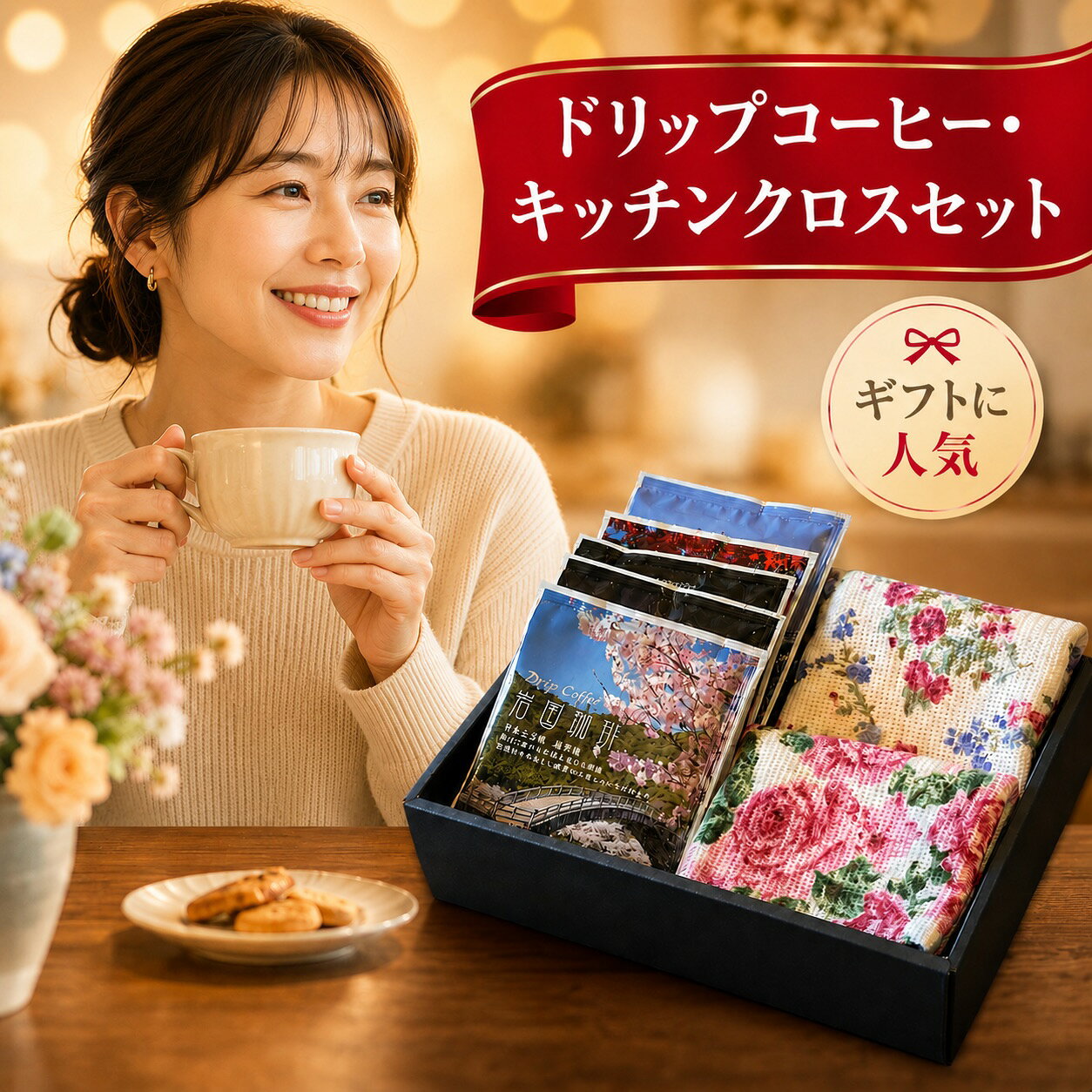 ＼300円OFF★ポイントUP／ 敬老の日 コーヒーギフト 送料無料 ドリップコーヒー 5袋 キッチンクロス 2枚 セット 日本製 綿100％ 岩国珈琲 個包装 自家焙煎 秋ギフト プレゼント 誕生日 贈り物 女性 母親 内祝い お礼 お返し 新築祝い 岩国珈琲ドリップバッグ5袋と日本製キッチンクロス2枚の実用的なギフト。敬老の日や誕生日、お礼の贈り物にも 花柄のキッチンクロスと、自家焙煎の香り高いドリップパックコーヒーをセットにした贈り物です。カップとお湯で手軽に楽しめるので、コーヒーが好きな方はもちろん、忙しい方への癒しのギフトとしても人気です。■セット内容・ドリップパックコーヒー 5P・花柄キッチンクロス 2枚・丁寧なラッピングでお届け※ディッシュクロス柄はアソートとなります。■こんな方への贈り物に・誕生日 / 内祝 / 母の日 / 記念日・御礼 / 御祝 / 快気祝い・おしゃれが好きな女性へのギフト・実用的でかわいい贈り物を探している方に■喜ばれる理由・自家焙煎の香り豊かな本格珈琲・“かわいい × 実用的”な花柄キッチンクロス・届いてすぐ楽しめる手軽さ・見た目も中身も喜ばれるおしゃれギフト 2