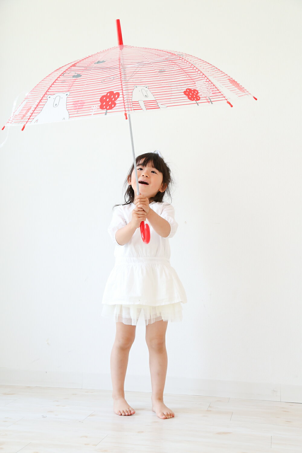 ボーダー　くま柄くま　クマ　ボーダー　bear　アカ　北欧　透明　ビニール子供　キッズ　ジュニア　傘　カサジャンプタイプ55cmCAFEDIMLY カフェディムリー