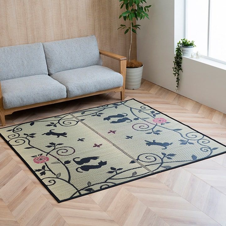 い草ラグ ラグ カーペット 3畳 長方形 かわいい 猫 ねこ ネコ 『DXクロネコ』 約176×230cm （裏:不織布）[13]