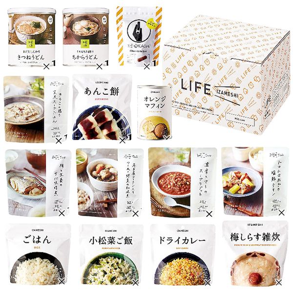 ポイント食べない備蓄食から、おいしく食べる長期保存食へ。「イザメシ」は、突然の災害時に備えた長期保存食です。おいしさにこだわり、豊富なメニューをとりそろえ、そして、様々なシーンにとけ込むデザイン性にもこだわりました。アルファ化米やちからうどんなど9種の主食と、3種のおかず、2種のスイーツをセットにしました。イザメシシリーズの中でも特に人気がある商品の詰め合わせです。目安：1 人3 日分（軽め）ボックス側面には中身と賞味期限を管理できる記入欄をご用意。食べたら補充するローリングストックにも便利です。※写真はイメージです。内容・デザイン等変更になる場合があります。予めご了承ください。箱サイズ32×17×25cm現品サイズ・内容ごはん100g・小松菜ご飯100g・ドライカレー100g・梅しらす雑炊360g・きのこと鶏の玄米スープごはん265g・濃厚トマトのスープリゾット265g・梅と生姜のサバ味噌煮135g・トロトロねぎの塩麹チキン150g・名古屋コーチン入つくねと野菜の和風煮210g・オレンジマフィン(2個入)・おだしじんわりきつねうどん73.4g・もちもちお餅のちからうどん77.8g・チョコバー57g・あんこ餅153g各1個重さ3400g製造生産地日本製賞味期間製造日より常温約3年アレルゲン卵・乳成分・小麦備考※「のし」や「包装」については、対応できる商品と対応できない商品がございます。ご購入前に、お気軽にお問い合わせください。通常、簡易包装に直に送り状を貼ってお送りいたします。【杉田エース 商品一覧】 イザメシ 7年保存水2l(6本入) 635-185 イザメシ 7年保存水500ml(24本入) 635-183 イザメシ DAILY IZAMESHI 652-725 イザメシ LIFE IZAMESHI REGULAR 652-835杉田エース イザメシ LIFE IZAMESHI REGULAR 652-835 ギフト 贈り物 送料無料【注意事項】メーカー直送の商品となりますので、「代金引換」払いは不可となります。ご了承ください。お届け先が、北海道、沖縄、離島になる場合、別途送料が必要になる場合がございます。