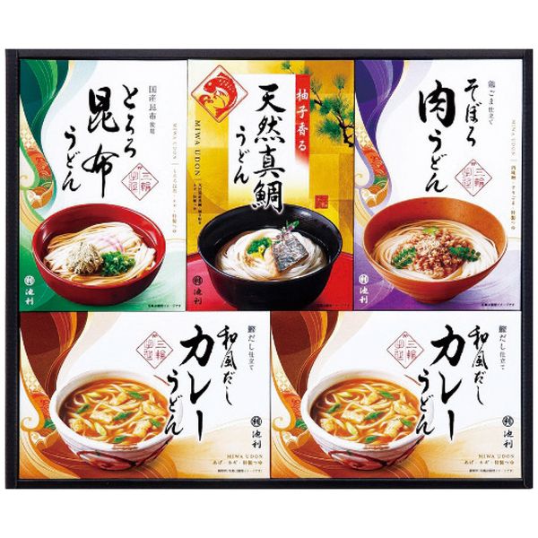 ポイント強いコシと喉ごしが特長の三輪うどんを、高級食材から定番人気の味まで4種類の食べ方でお楽しみいただける、バラエティ豊かな詰合せです。※写真はイメージです。内容・デザイン等変更になる場合があります。予めご了承ください。箱サイズ36.7×4.4×30.4cm現品サイズ・内容和風だしカレーうどん(葛入りうどん60g、特製カレーつゆ、やくみ)2食・柚子香る天然真鯛うどん(葛入りうどん60g、真鯛、麺つゆ、やくみ)・そぼろ肉うどん(葛入りうどん60g、鶏肉味噌、麺つゆ、やくみ)・とろろ昆布うどん(葛入りうどん60g、麺つゆ、やくみ)各1食重さ890g製造生産地日本製賞味期間製造日より常温約270日アレルゲン小麦備考 ※「のし」や「包装」については、対応できる商品と対応できない商品がございます。ご購入前に、お気軽にお問い合わせください。通常、簡易包装に直に送り状を貼ってお送りいたします。【池利 商品一覧】 簡単お湯かけ三輪手延べにゅうめん ADA-200 簡単お湯かけ三輪手延べにゅうめん AMR-300 簡単お湯かけ三輪手延べにゅうめん AMR-500R 手延べ三輪うどん詰合せ BMW-300 手延べ三輪うどん詰合せ GU-300 手延べ三輪うどん詰合せ UB-300池利 手延べ三輪うどん詰合せ GU-300 ギフト お歳暮 送料無料【注意事項】メーカー直送の商品となりますので、「代金引換」払いは不可となります。ご了承ください。お届け先が、北海道、沖縄、離島になる場合、別途送料が必要になる場合がございます。