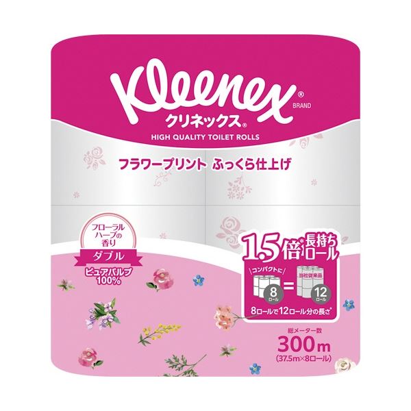 (まとめ) 日本製紙クレシア クリネックス コンパクト フラワープリント ダブル 芯あり 37.5m 香り付き 1パック(8ロール) 【×5セット】[21]