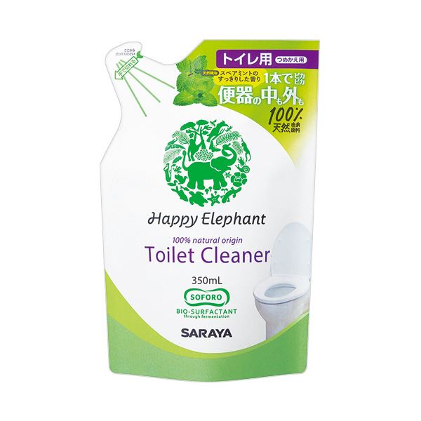 ■サイズ・色違い・関連商品■詰替用 350ml[当ページ]■本体 400ml■商品内容【ご注意事項】この商品は下記内容×5セットでお届けします。●トイレの中も外もピカピカ、1本で汚れをすっきり、トイレクリーナー詰替用・350mlです。●1本で便器・便座・床までOK。●泡で出るスプレータイプ。●石油系合成界面活性剤、着色料、合成香料、無配合。●スペアミント(天然精油)の香り。■商品スペックタイプ：詰替洗剤の種類：スプレー香り：スペアミントの香り内容量：350ml液性：弱酸性成分：界面活性剤(6%、アルキルエーテル硫酸エステルナトリウム、アルキルポリグリコシド、ソホロースリピッド)、エタノール(防腐剤)、クエン酸塩(安定剤)、スペアミント油(香料)、クエン酸(pH調整剤)その他仕様：●用途:便器、便座や床など(大理石などの天然石、ヒノキなどの材質には使えません)シリーズ名：ハッピーエレファント【商品のリニューアルについて】メーカー都合により、予告なくパッケージデザインおよび仕様（香り等）が変わる場合がございます。予めご了承ください。■送料・配送についての注意事項●本商品の出荷目安は【1 - 5営業日　※土日・祝除く】となります。●お取り寄せ商品のため、稀にご注文入れ違い等により欠品・遅延となる場合がございます。●本商品は仕入元より配送となるため、沖縄・離島への配送はできません。[ 26055 ]