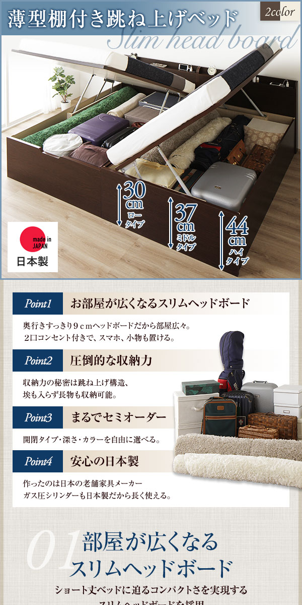 〔お客様組立〕 収納 ベッド 通常丈 セミシングル 跳ね上げ式 縦開き ミドルタイプ 深さ37cm フレームのみ ダークブラウン 宮付き 棚付き 2口 コンセント付き 大量収納 壁付け設置可 頑丈設計 日本製 国産 セミシングルベッド【代引不可】[21] [2]