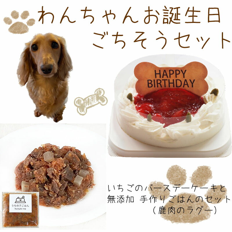 わんちゃんお誕生日ごちそうセット コミフ いちごケーキと 無添加 手作り 犬用ごはん 鹿肉のラグーのセット 送料無料(※一部地域除く)