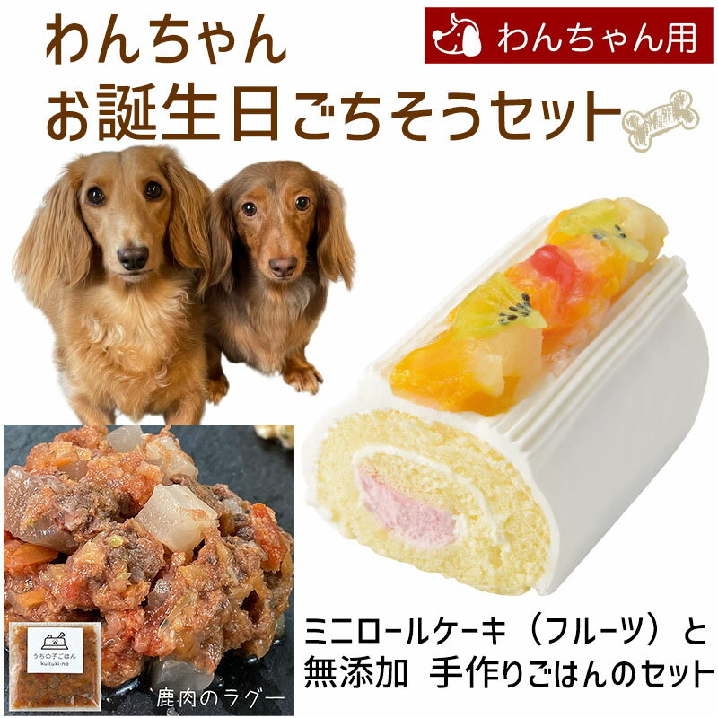 わんちゃんお誕生日ごちそうセット ミニロールケーキ（フルーツ）と 無添加 手作り 犬用ごはん 鹿肉のラグーのセット 送料無料(※一部地域除く)