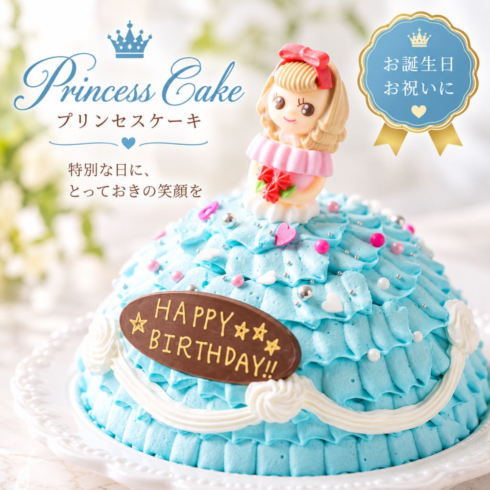 自分で飾り付けができるプリンセスケーキ サイズ：5号サイズ（15cm）高さ：約10cm　ドレス：ブルー 原材料 乳等を主要原料とする食品(国内製造)、砂糖、液全卵、いちご、小麦粉、杏ジャム、加工油 脂、濃縮乳/乳化剤、香料、ベーキングパウダー、 リン酸塩(Na)、加工澱粉、pH調整剤、糊料(増 粘多糖類)、酸味料、着色料(青1、カラメル、カロ テン)、酸化防止剤(V.E)、(一部に卵・乳成分・ 小麦・オレンジ・大豆を含む) 特定品目：卵・乳成分・小麦・オレンジ・大豆 ※同工場では、そば、落花生、えび、かに、カシューナッツ、キウイフルーツ、牛肉、くるみ、ごま、鶏肉、バナナ、豚肉、まつたけ、桃、やまいも、りんご、アーモンド、ゼラチンを含む製品を製造しております。 保存方法：解凍前/-18℃以下冷凍庫 ・解凍後/10℃以下冷蔵庫 賞味期限：解凍前/180日 解凍後 2日 ※アラザンにつきまして：掲載写真はイメージとなります。お届けするものは色形が変わる場合がある事を予めご了承ください。自分で飾り付けができるプリンセスケーキ。 付属のアラザンでお好きなようにトッピング お人形のお顔も2種類からお好きなお顔をお選びいただけます お誕生日や特別なお祝い、結婚式や記念にも