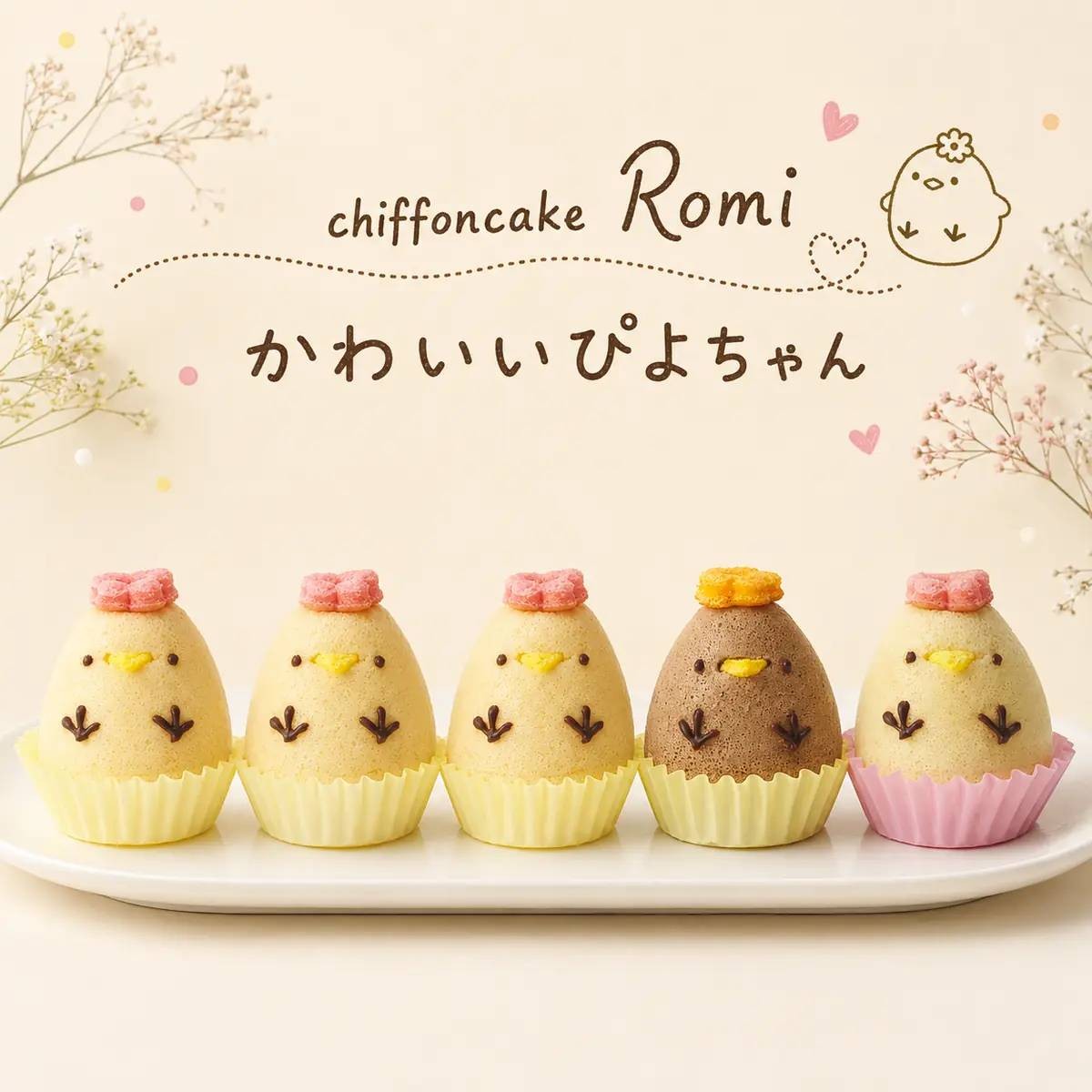 商品について こだわりぬいた卵本来の味を活かし、お子様にも安心のシフォンケーキでつくったひよこのピヨちゃん。 全てカスタードクリーム入りとなってます。 そのまま食べても、生クリームをつけても美味しいふわふわのシフォンケーキです。 セット内容 プレーン3個、チョコ1個、バナナ1個の計5個入りです。 ご注意 お渡し用紙袋をお入れしておりませんので、大変申し訳ありませんがご自身でご用意願います。 カスタードクリーム入りシフォンケーキです。 またバナナ味は牛乳の代わり豆乳を使用しております。 アレルギー等ある方はご注意ください。 商品詳細 商品説明 商品名かわいい ぴよちゃんシフォン（プレーン3,チョコ1,バナナ1） 5個入 内容量5個入（プレーン3個、チョコ1個、バナナ1個） 原材料名【プレーン】卵、小麦粉、砂糖、油、牛乳、カスタードクリーム／香料、ゼラチン、着色料(黄5、赤3、赤40)(原材料の一部に卵・乳・小麦・ゼラチンを含む)【チョコ】卵（国産）、小麦粉、砂糖、低脂肪乳、ココアパウダー、カスタードクリーム／ゼラチン・着色料(黄5、赤3、赤40)(原材料の一部に卵・乳・大豆・ゼラチンを含む)【バナナ】卵（国産）、小麦粉、砂糖、油、豆乳バナナ、小麦粉、カスタードクリーム／ゼラチン、着色料(黄5、赤3、赤40)(原材料の一部に卵・大豆・小麦粉・ゼラチンを含む) アレルギー小麦、卵、乳、大豆、バナナ、ゼラチン 賞味期限発送日から冷凍保存1か月。冷蔵解凍後3日間。 保存方法冷凍保存（お召し上がりの際は冷蔵庫で解凍してください） 製造者chiffon cake Romi〒123-0863 東京都足立区谷在家1-10-22 シーン誕生日 プチギフト 手土産 おやつ お祝い 内祝い 出産祝い お返し 差し入れ／お子様 お孫さん ご家族 ご友人 職場 同僚