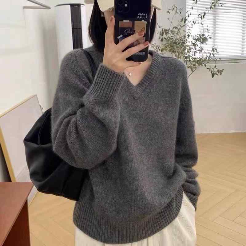レディース お洒落 上質 シンプル 秋冬 ピュア セーター レディース Vネック ショート 長袖 厚手 セーター ルーズ 無地 セーター