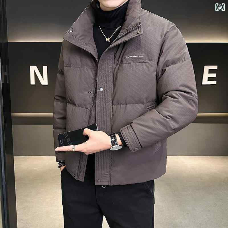 メンズ お洒落 エコエコレザーダウンジャケット メンズ 24 冬 薄手 ショート スタイル スタンドカラー メンズ 厚手 防寒 ジャケット