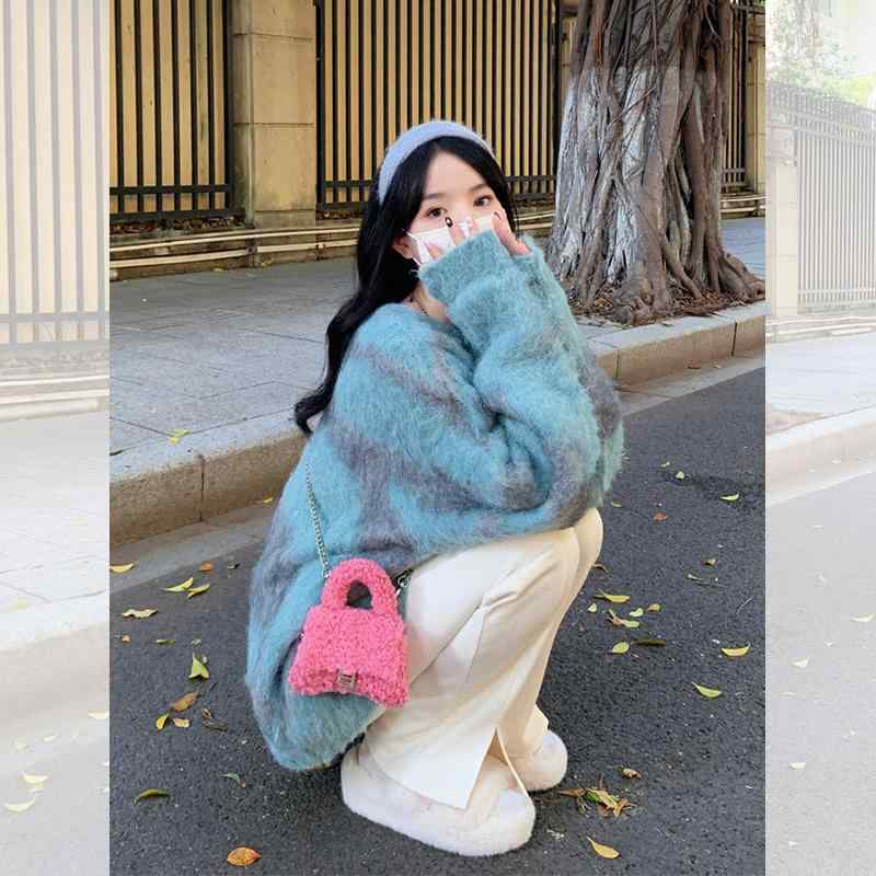 レディース 上品 可愛い キレイ ブルーストライプ プルオーバー セーター 秋冬 ショート 厚手 セーター アウターウェア