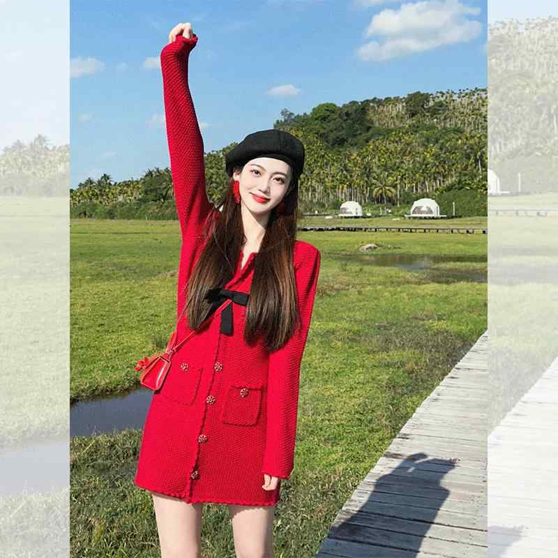 レディース 上品 可愛い キレイ フレンチ ロング ジャケット ワンピース レッド ワンピース 春秋 デザイン ウエスト スカート