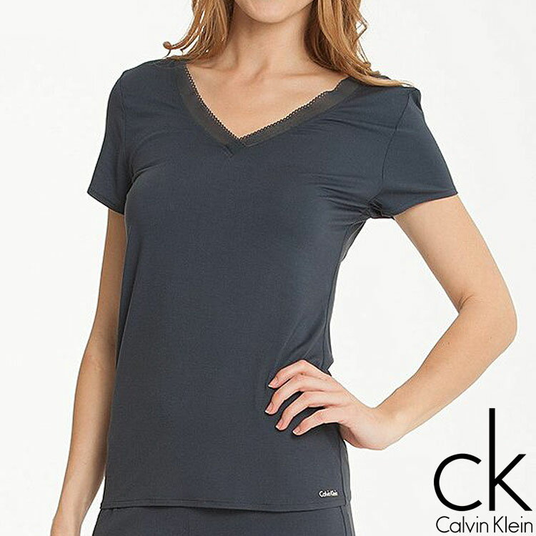 【SALE 30%OFF】Calvin Klein カルバンクライン レディース スリープウエア マイクロモーダル vネック 半袖 メッシュ ネックライン tシャツ ネイビー インナー CK M L XL おしゃれ ブランド 大きいサイズ 【あす楽】[s2633e]