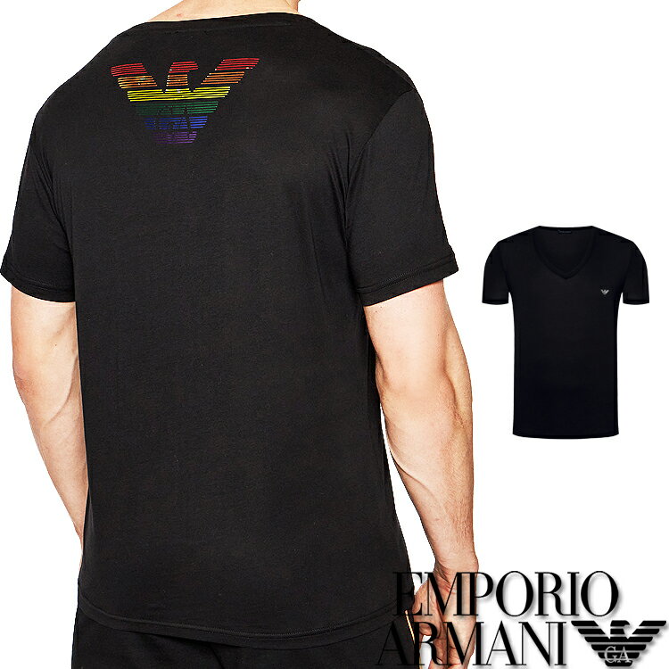 【送料無料】EMPORIO ARMANI[エンポリオアルマーニ]メンズ Vネック 半袖Tシャツ "RAINBOW EAGLE" ロゴ レインボーイーグル イーグルマーク ブラック S M L XL おしゃれ ブランド 大きいサイズ [送料無料] [あす楽] [2118011p477]