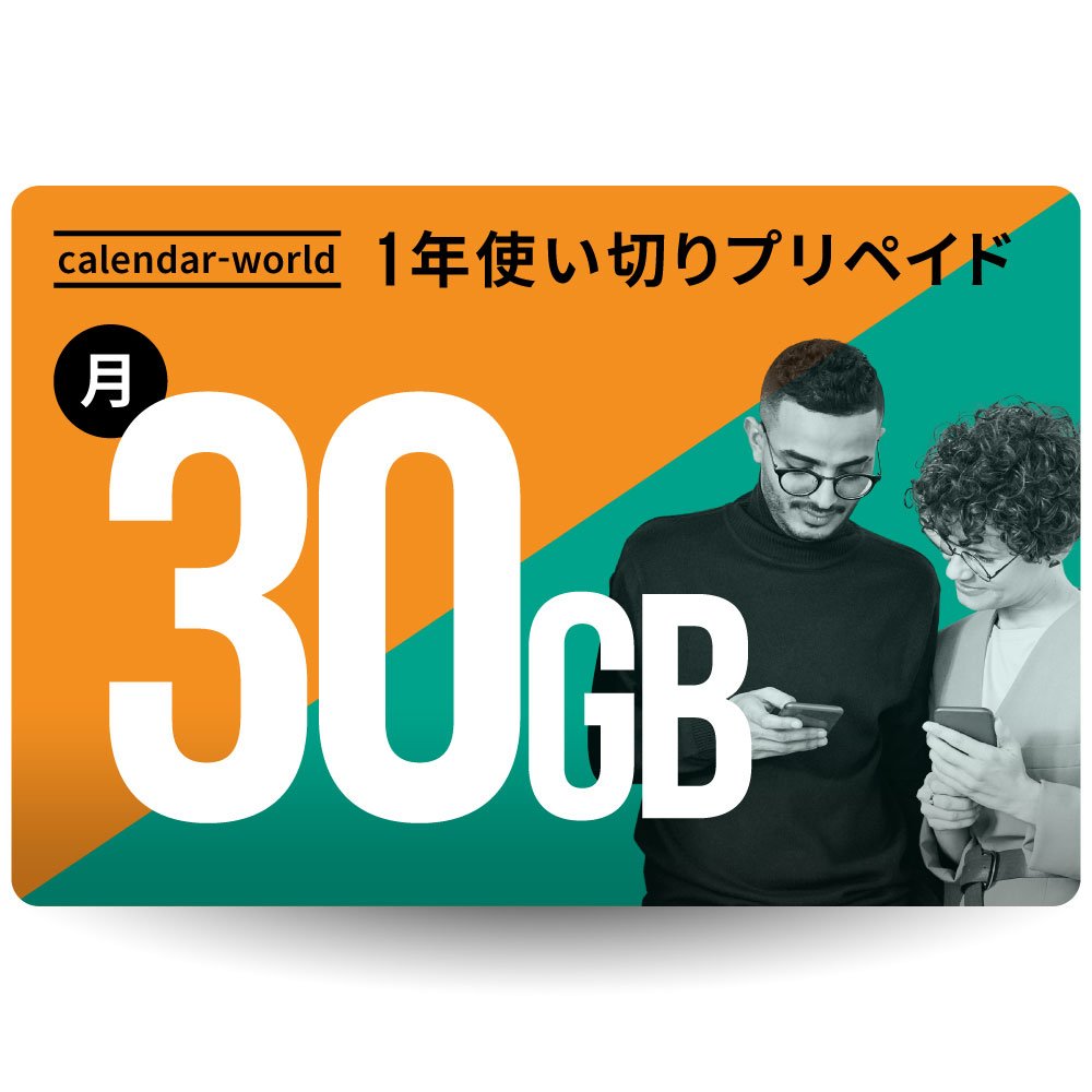 CALENDAR 1年プリペイドSIM 月間30GBプラン 楽天回線 au回線 国際ローミング対応