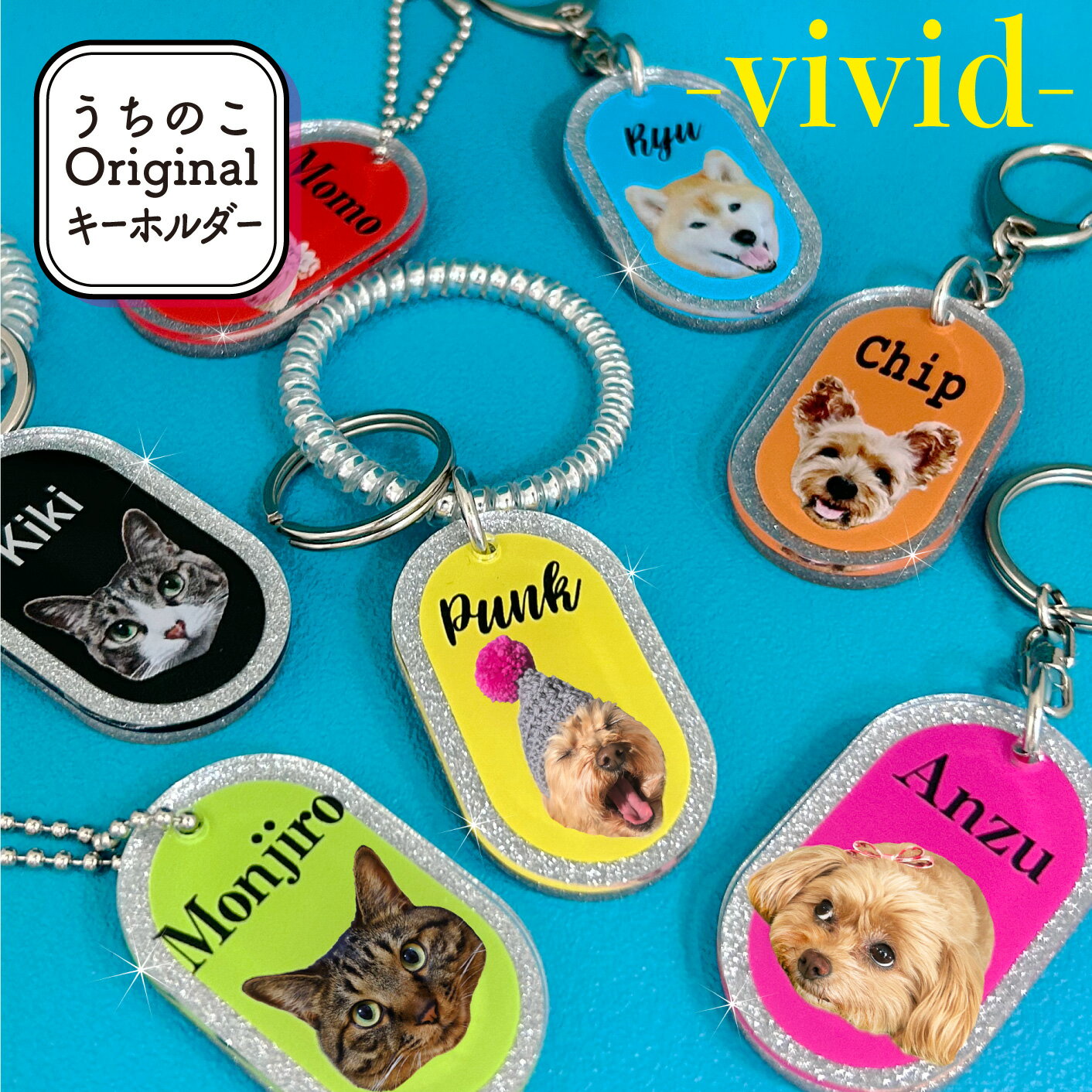 うちのこ オリジナル キラキラ キーホルダー Vivid 愛犬 愛猫 ペット 犬 猫 推し活 うちの子 グッズ 名前が削れない 消えない 表裏名入れ可 犬 猫 おしゃれ かわいい アクリル ネームプレート ネームタグ バッグタグ 迷子札のサムネイル