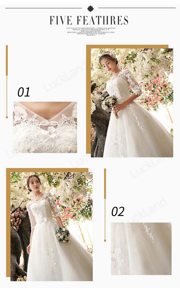 ウェディングドレス 長袖 袖あり 5分袖 ミモレ丈 ロングドレス 演奏会 結婚式 白 袖付き 着地式 編み上げタイプ レース Vネック 花飾り 花柄 刺繍 総柄 プリンセス 優雅 シンプルドレス 着痩せ 体型カバー ロングワンピース