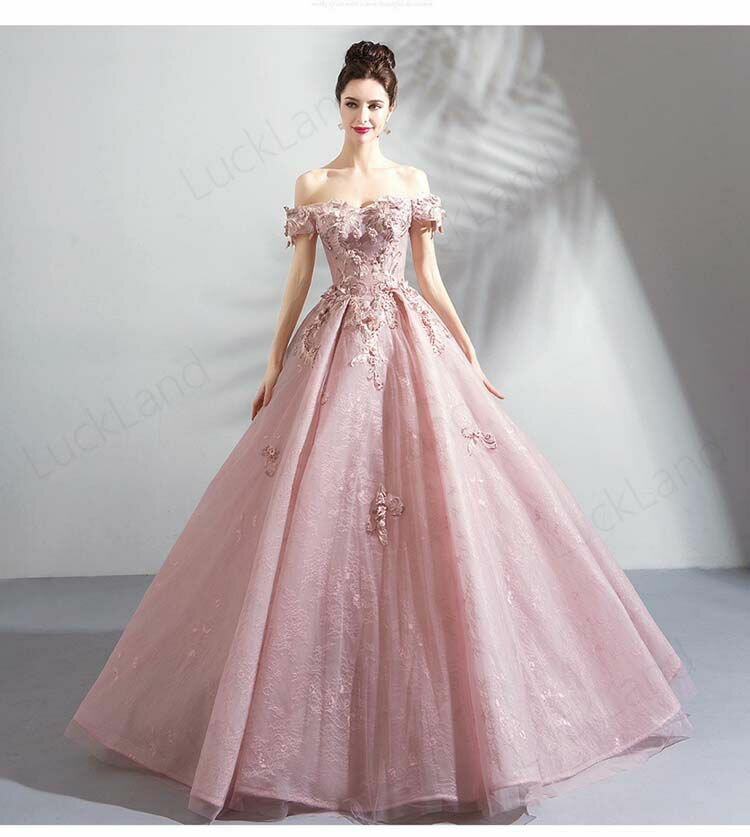 ウェディングドレス ミモレ丈 ロングドレス 演奏会 結婚式 袖あり 半袖 ボート柄 花柄 総柄 ピンク XS/S/M/L/XL/2XL/3XL ビンテージ 優雅 紗 チュール ワンピース 四季通用 パフォーマンス 演出 パーディー セレモニー イブニングドレス
