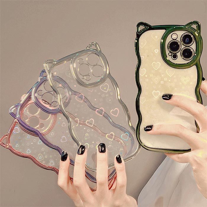 iPhone16ケース iPhone15ケース 可愛い ハート クリア 透明 波 猫耳 推し グリーン シルバー iphone ケース iPhone16 iPhone15 iPhone14 iPhone13 Pro Max ケース 春 夏 秋 冬 アイフォン14ケース カメラ保護